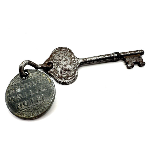 RARE Old Hotel Room Key & Fob Deshler Wallick Columbus OH Room 730 Unique VTG - Picture 1 of 6